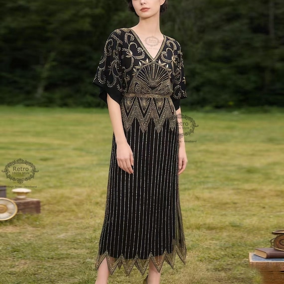 1920s Beaded Maxi Dress | Art Deco Embroidered Evening Gown