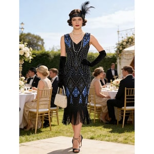 May include: A black and blue beaded flapper dress with fringe at the hem. The sleeveless dress features a V-neck and geometric patterns. The woman is wearing long black gloves, a pearl necklace, and a beaded headband with a feather.