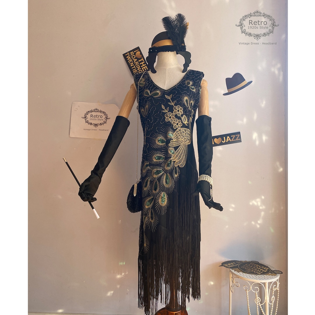 1920s Roaring Deco Gatsby Costume Flapper Dress Peacock Fringed Bridesmaid  Wedding Dress Sequins Beaded Embroidered Charleston Downton Gown