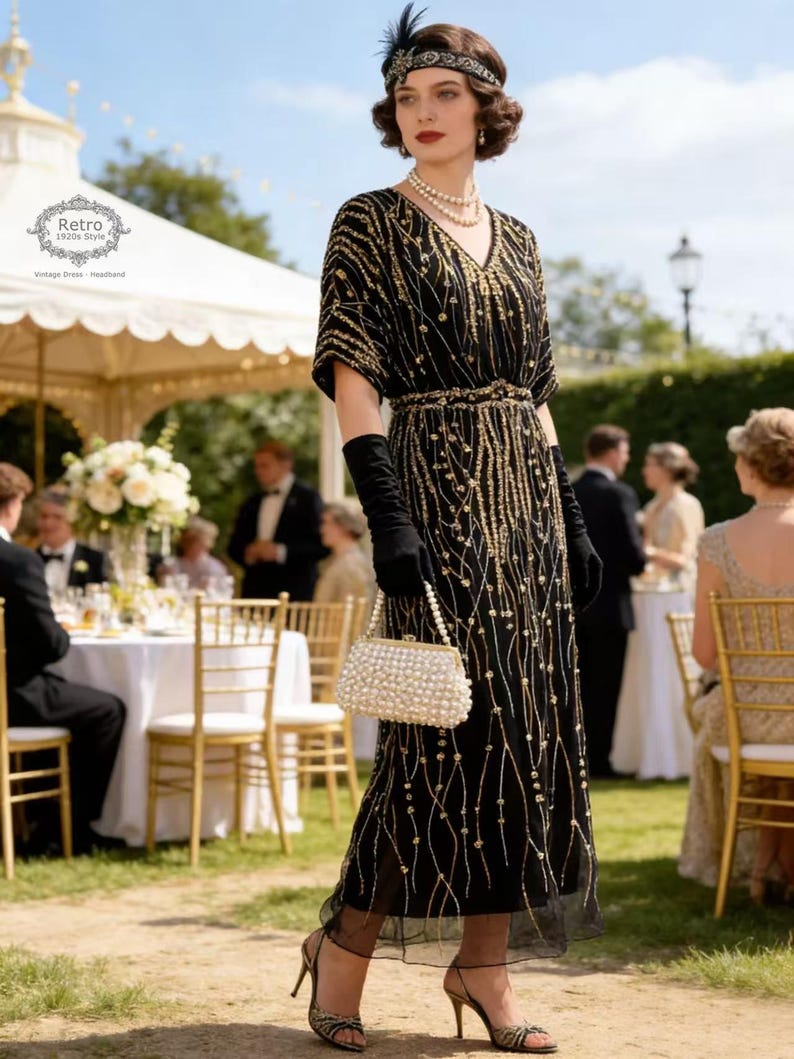 1920s Beaded Maxi Dress | Art Deco Embroidered Evening Gown - Etsy