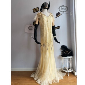 Beige Formelle Abend Lange Flapper Kleid 1920er Jahre Gatsby Charleston Downton Pailletten Meerjungfrau Kleid Für Party 20er Jahre Braut Hochzeit Kleid Zubehör