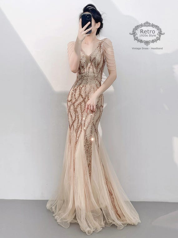 1920 homecoming dress ZAPAKA Women 1920s Prom Dress Champagne Sequins Sheath Style Long Gatsby Dress, Champagne / L main image 1