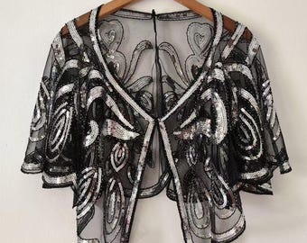 1920s Beaded Sequin Capelet: Gatsby Evening Shawl