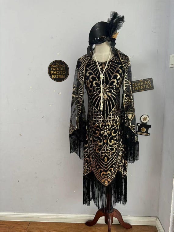 Plus Size 1920s Flapper Dress: Beaded Sequin Fringed Gown With
