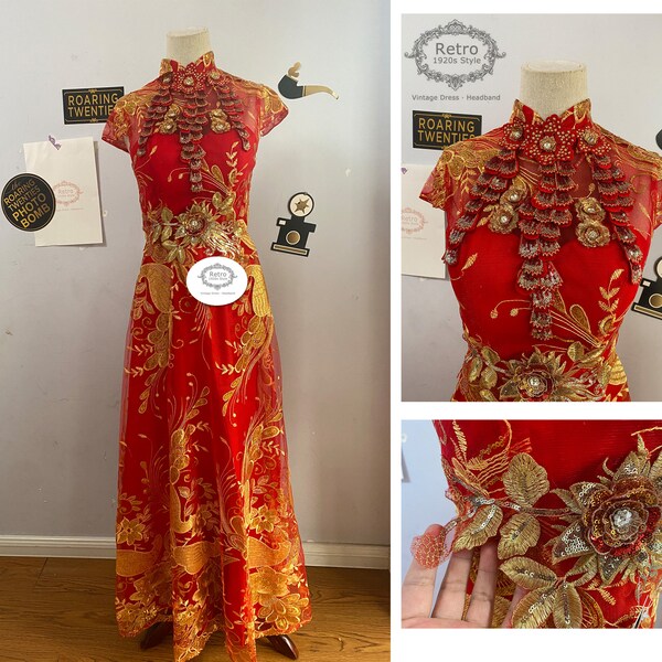 Red Gold Qipao Wedding Dress,,Sequins Bridal dress,Bridal gown,Chinese Wedding Dress,Red Cheongsam dress, embroidered Bridal Dress,Prom Gown