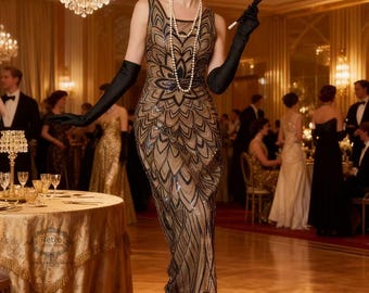 May include: A woman in a beaded, sleeveless, Art Deco-style gown with a feather headband and long black gloves. She holds a cigarette holder. The dress features a black and gold pattern. The background shows a formal event with chandeliers.
