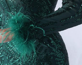 green emerald velvet dress Elena Long-Sleeve Pattern Sequin Gown