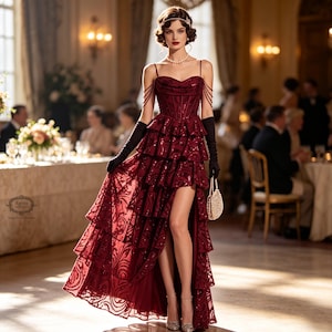 May include: A floor-length burgundy sequined gown with a corset-style bodice, thin spaghetti straps, and tiered ruffled skirt featuring a high side slit. The ensemble includes black elbow-length gloves, a pearl-beaded handbag, and a pearl necklace.