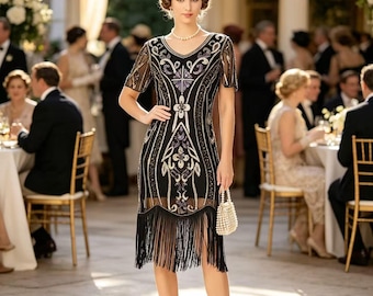 1920s Gatsby Flapper Dress: Beaded Sequin Embroidered Evening Gown