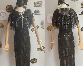 Roaring 20s Gatsby Black Art Deco Flapper Costume Plus Size /Vintage Wedding Bridal Sequined Beaded Cape Dress with 1920s Accessories set
