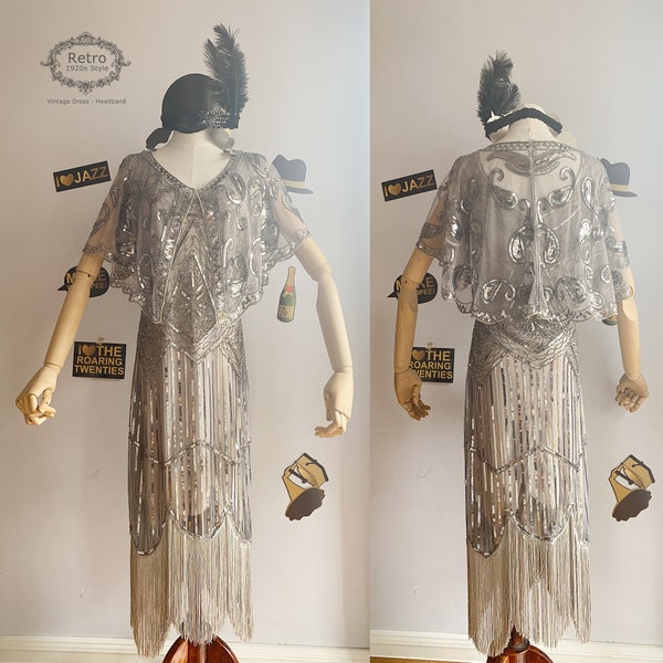 S-Plus Size 1920s Damen Gatsby Kostüm Flapper Dress Fransenkleid Pailletten Perlen besticktes Kleid & Capelet(1 Kleid, 1 Schal, 1 Stirnband)