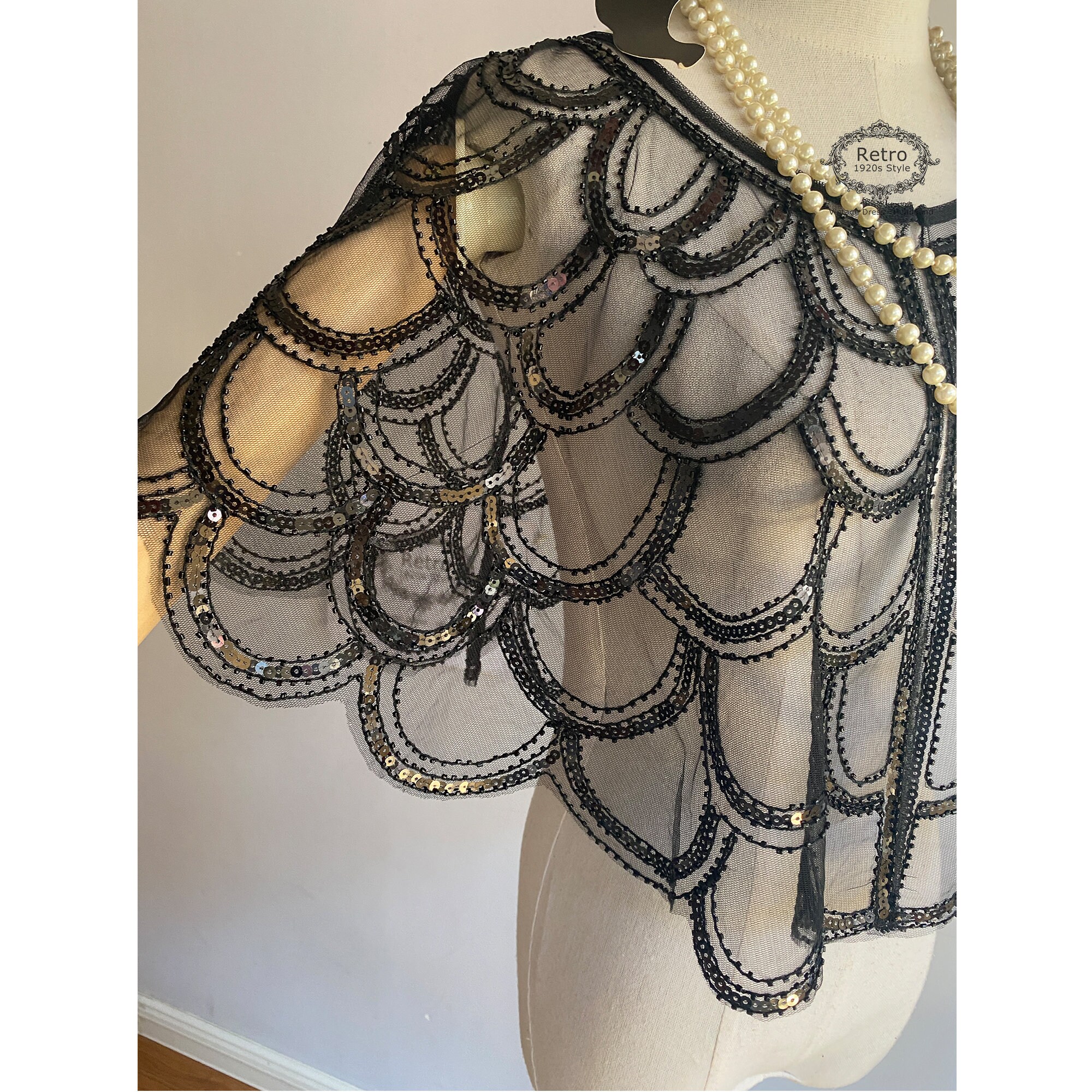 Beige Women's 1920S Shawl Beaded Sequin Deco Evening Cape Bolero Flapper Cover Up See Through Scalloped Hem Party