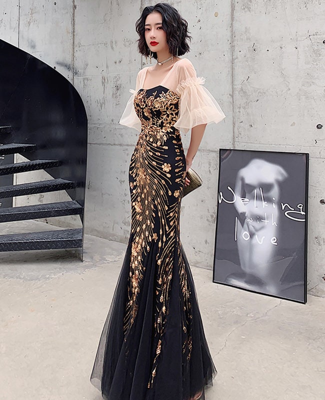 open lace back dress Wedtrend Women Prom Dress Sequins Sheath Style Long Gatsby Party Dress, Blush Black / M main image 0