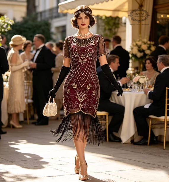 red beaded flapper dress 1920s Gatsby Dress: Wine Sequin Embroidered Evening Gown historical 1920s flapper dress
