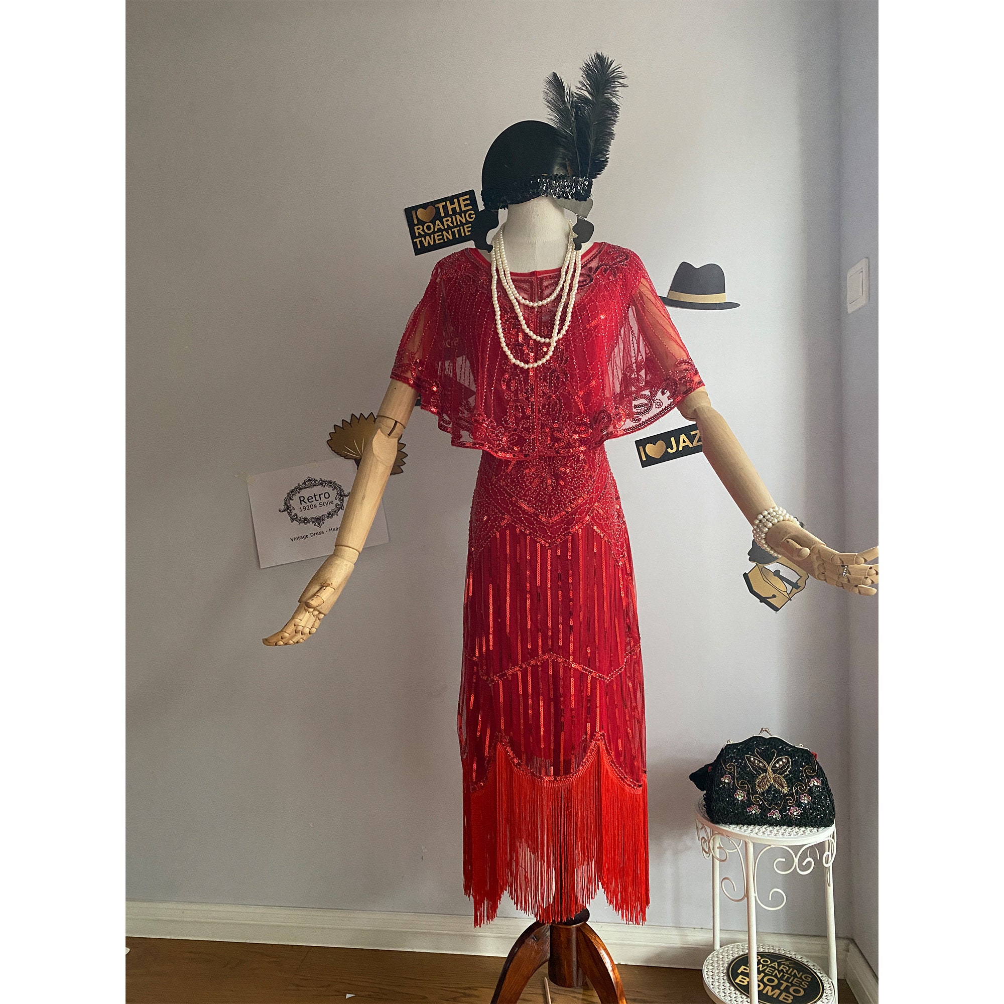 Retro1920S Gatsby Sequin Beaded Flapper Cape Gown 1920s Vintage Wedding Cocktail Fringe Roaring Dress 1 Dress 1 Cape 1 Headband