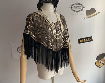 Women Sequin Beaded Evening Cape Bolero Gatsby Shawl Flapper Cover up / 1920s Fringed Wedding Wraps