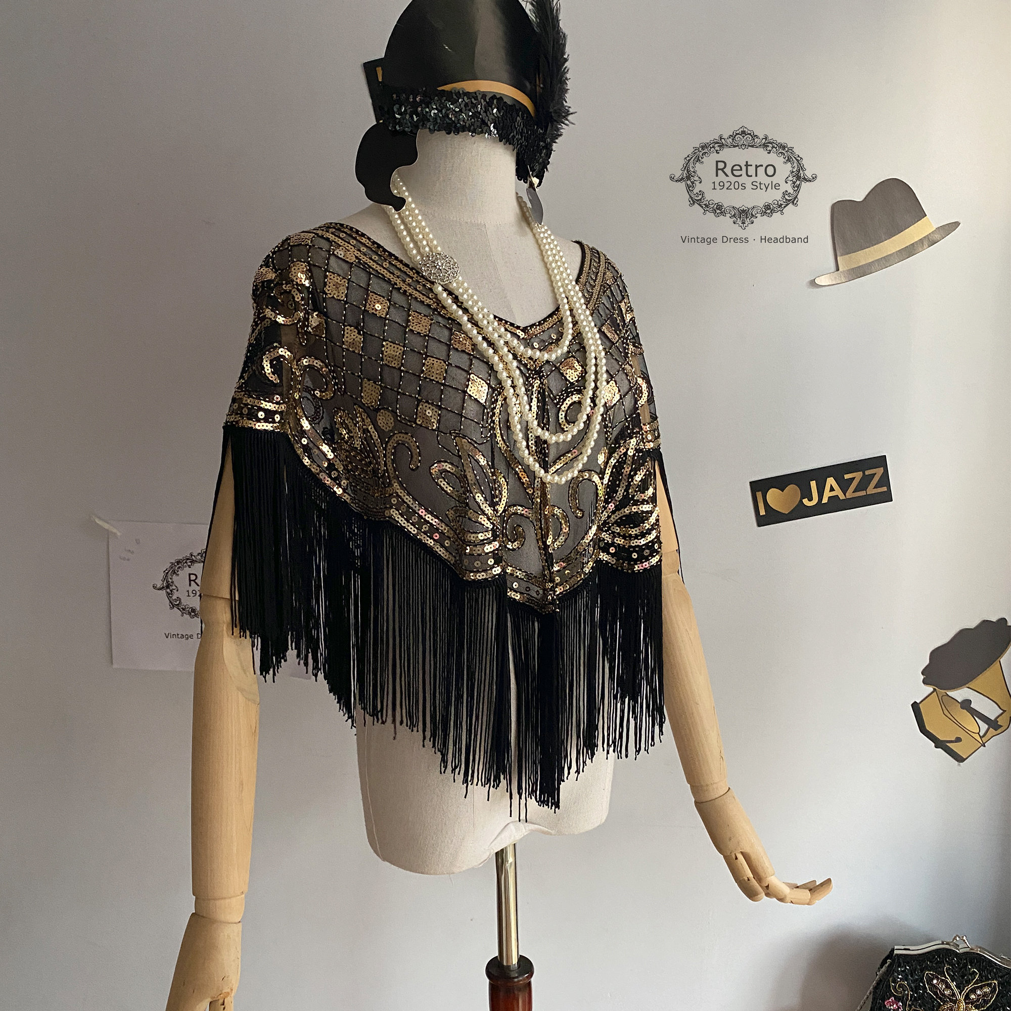 Sequin Beaded Fringe Capelet: 1920s Gatsby Flapper Shawl - Etsy display picture 2