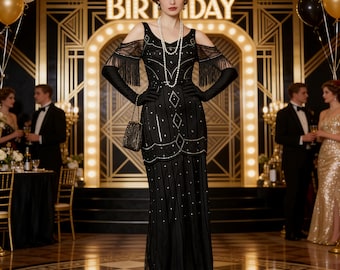 Vestido de lentejuelas con flecos y cuentas de los años 20, vestido estilo flapper art déco, para la fiesta de bodas de Gatsby.