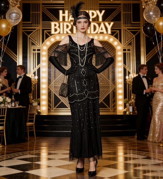 1920s Beaded Fringed Sequin Dress, Art Deco Flapper Gown, Gatsby Wedding Party