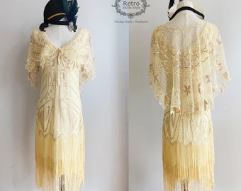 1920s Vintage Gatsby Sequinned-Overlay Beaded Scalloped Flapper Fringed Dress Cape Wedding Dress bridal Shrug (1 Dress, 1 Shawl,1 Headband)