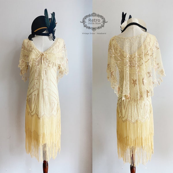1920s Vintage Gatsby Sequinned-Overlay Beaded Scalloped Flapper Fringed Dress Cape Wedding Dress bridal Shrug (1 Dress, 1 Shawl,1 Headband)