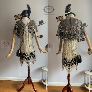 3PC 1920S Gatsby Beaded Sequins-Capelet Wedding Dress / Embellished-Sequined Musical Show Gown & Shawl (1 Dress, 1 Shawl,1 Headband )S-2XL