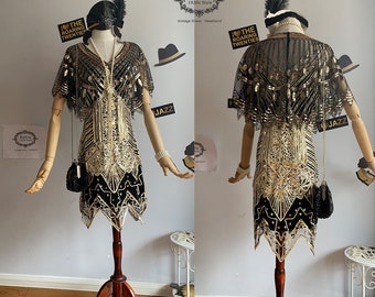 3PC 1920S Gatsby Beaded Sequins-Capelet Wedding Dress / Embellished-Sequined Musical Show Gown & Shawl (1 Dress, 1 Shawl,1 Headband )S-2XL