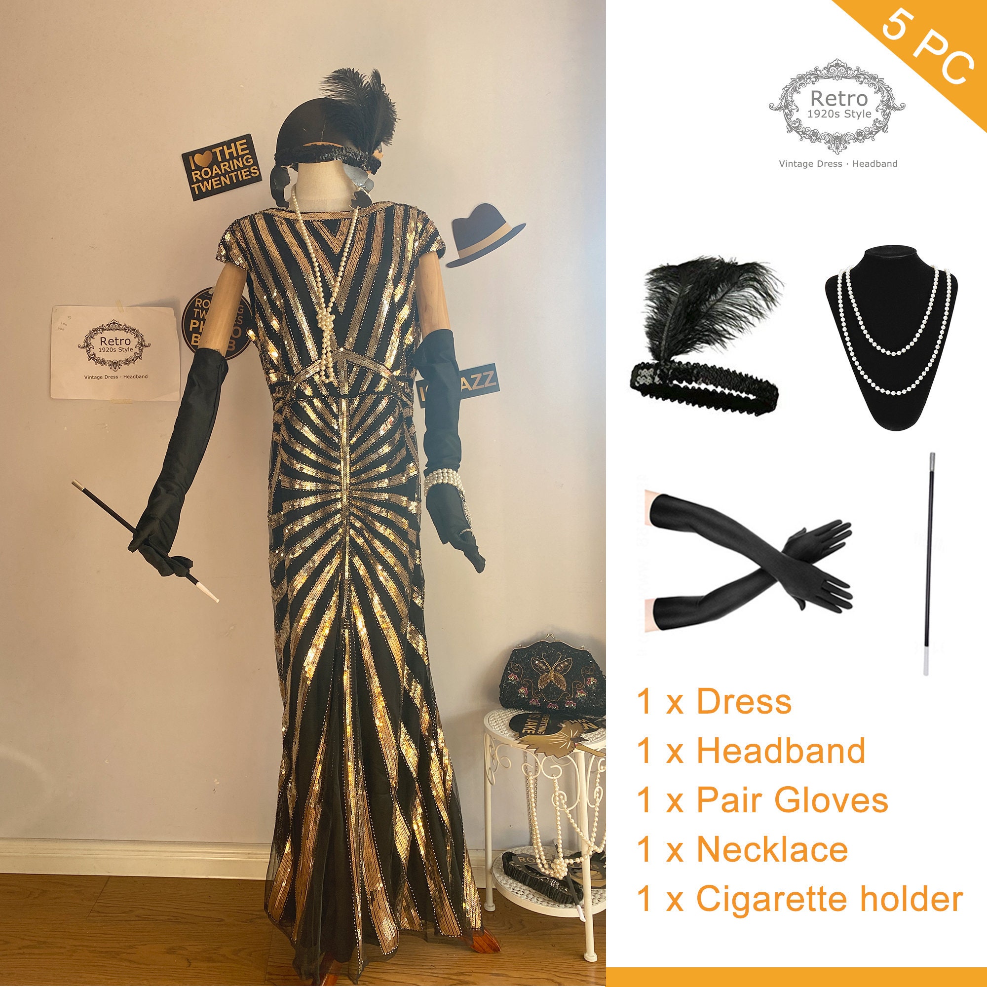 Robe Flapper 1920s Longue Paillettes & Perles Gatsby - Robe Soirée Élégante Vintage Noire Femme