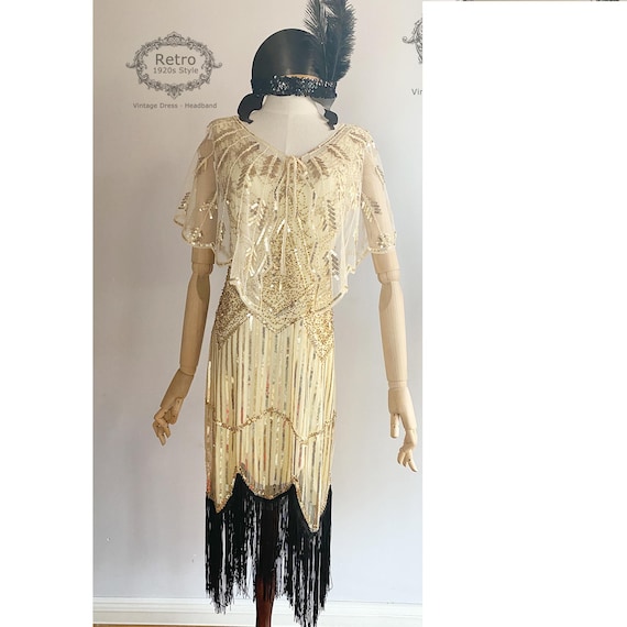 Sequin Fringed Flapper Dress - 1920s Gatsby Party Gown with Capelet & Headband