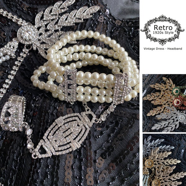 1920s Gatsby Style Flapper Headband Accessories 20s Black Vintage Wedding Bridal Jewelry Pearl Headpiece One Size and Art Deco Bracelet