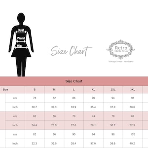 May include: Size chart for a dress with measurements in inches and centimeters for bust, waist, and hip. Sizes range from S to 4XL.