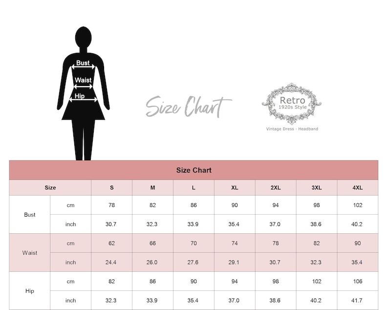 May include: Size chart for a dress with measurements in inches and centimeters for bust, waist, and hip. Sizes range from S to 4XL.