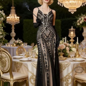 May include: A floor-length sleeveless dress featuring a beige base with black geometric sequin patterns, a scoop neckline, and thin straps. The ensemble includes a black beaded headband, a long white pearl necklace, and black elbow-length gloves.