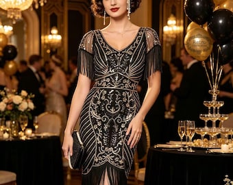 1920s Gatsby Flapper Dress: Beaded Sequin Embroidered Evening Gown