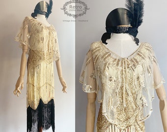 XS - 4XL Vintage Gatsby Roaing 20s Wedding Party Flapper Dress Sequinned-Overlay Beaded Scalloped Flapper Fringed Bridal Dress Capelet