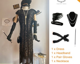 5PC 1920s Vintage inspired Gatsby Set Flapper Dress, Prom Fringe Dress Art Deco Charleston Downton Abbey Bridesmaid Wedding Accessories