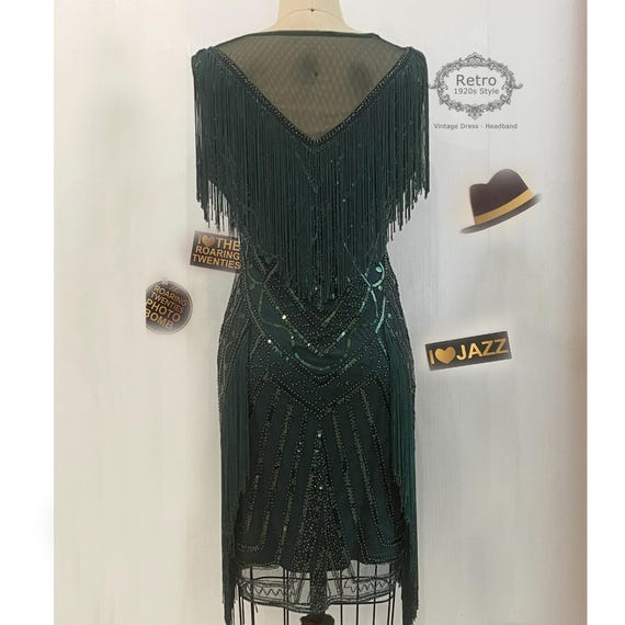 dark green 1920s sequin flapper dress Zapaka Women Black nad Green V Neck Cap Sleeves Beaded Sequin 1920s Formal Dress, S