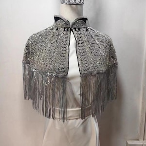 1920s Art Deco Gatsby Sequin Beaded Sheer Capelet/Roaing Vintage Shrug Shawl/Bolero Flapper Wedding Bridal Cover Up/Black Silver