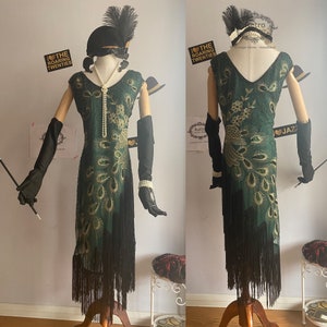 1920s Roaring Deco Gatsby Costume Flapper Dress Peacock Fringed Bridesmaid Wedding Dress Sequins beaded Embroidered Charleston Downton Gown