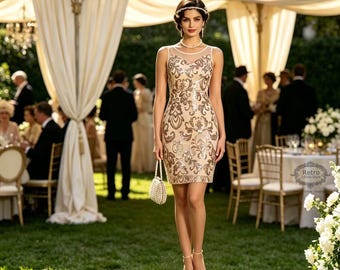 Short 1920s Gatsby Flapper Dress: Beaded Sequin Embroidered Evening Gown
