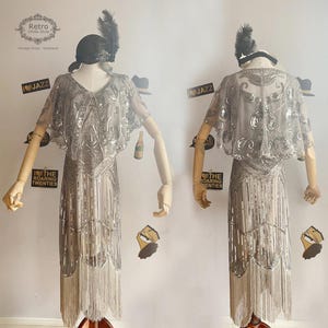 S-Plus Size 1920s Damen Gatsby Kostüm Flapper Dress Fransenkleid Pailletten Perlen besticktes Kleid & Capelet(1 Kleid, 1 Schal, 1 Stirnband)