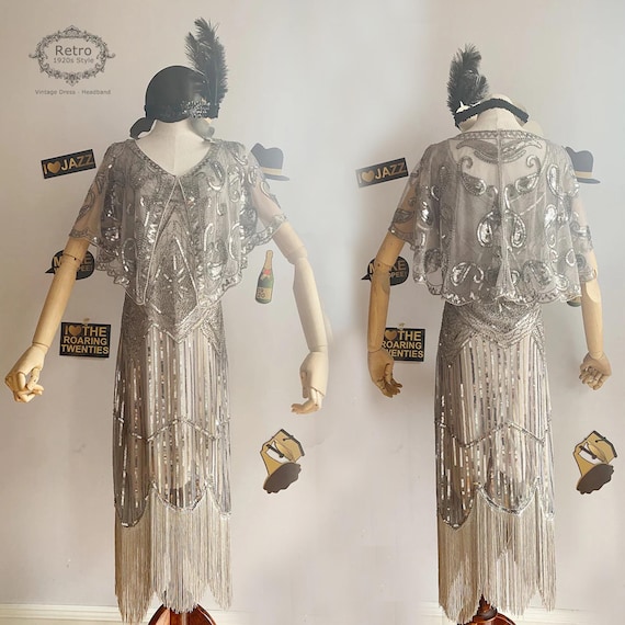 Anni Ruggenti Anni 1920 Lunghezza al ginocchio Abito Flapper Abiti Set di accessori Maniche corte Il