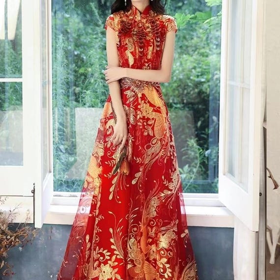 Qi Pao Gold Cheongsam Dress Red Gold Qipao Wedding Dress,,sequins