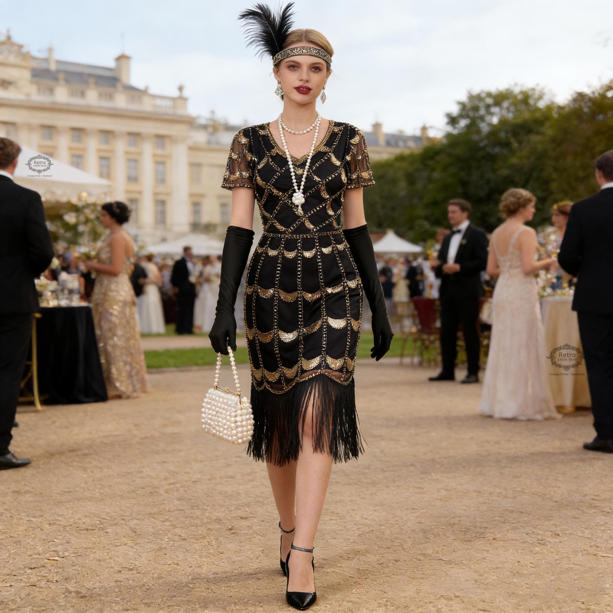 great gatsby ladies dresses 1920s Flapper Dress: Beaded Sequin Embroidered Evening Gown global-neckline-Square Neck