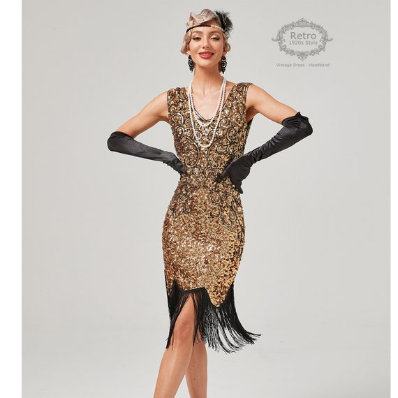 Abito ruggente anni '20 a tema Great Gatsby, anni '20 Halloween Art Déco  con frange e paillettes Abito da sposa con perline Abito da flapper Costume  S-3XL -  Italia