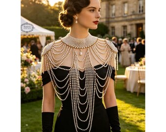 1920s Flapper Pearl Body Chain Top, Gatsby Style Beaded Pearl Shawl, Art Deco Wedding Party Outfit