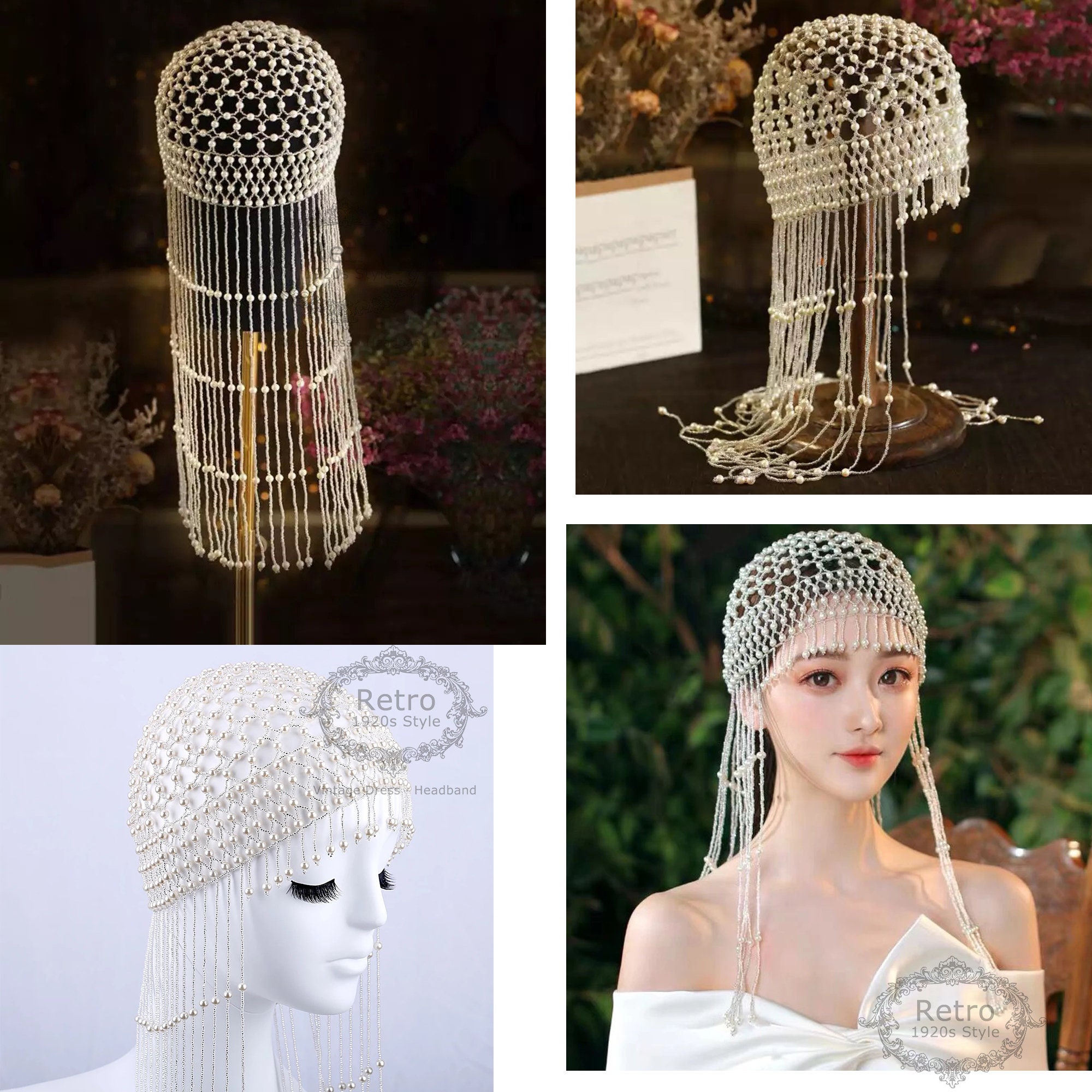 1920s Gatsbay Style Beaded Fringe Flapper Head Cap Headpiece 