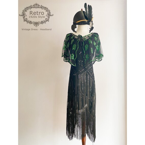 Plus Size Sequin Fringe Flapper Dress with Cape & Headband, 1920s Gatsby Gown