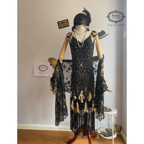 Vintage 1920s Gold Sequined Flapper Dress, Gatsby Party Costume (Necklace, Headband)