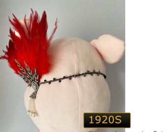 Handmade 1920s Red Feather Flapper Headband: Beaded Gatsby Headpiece